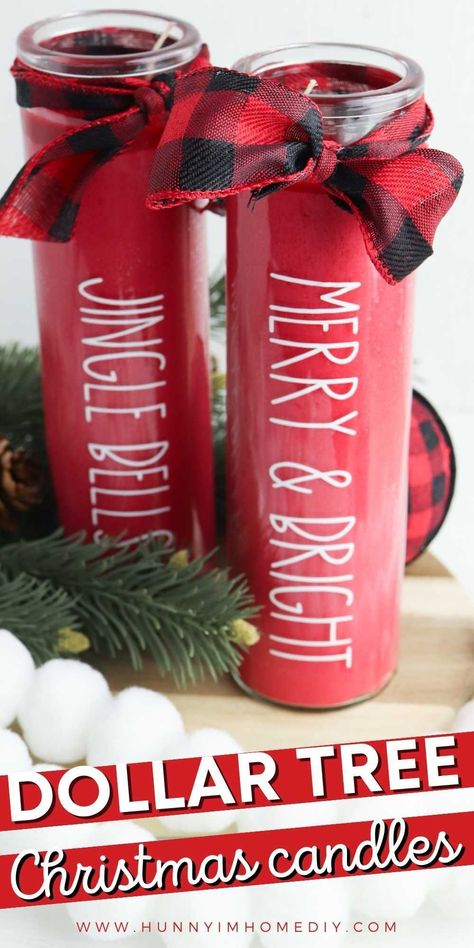 Add a farmhouse touch to your holiday decor with these simple and chic Rae Dunn inspired Christmas candles. Perfect for decorating your farmhouse home or gifting to friends, this Dollar Tree DIY only requires a few minutes of work, a Cricut, and my free SVG cut files. Start turning your dollar store candles into adorable holiday decorations now! Cricut Candles Vinyl Projects Christmas, Diy Dollar Store Christmas Candles, Dollar Tree Pillar Candles, Diy Dollar Tree Christmas Tree Ideas, Christmas Things To Make And Sell, Christmas Candle Gift Ideas, Dollar Tree Diy Christmas Gifts, Christmas Diy Home Decor, Dollar Tree Candles Diy