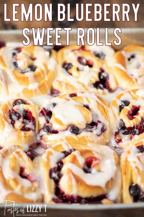 Blueberry Lemon Sweet Rolls, Lemon Curd And Blueberry Desserts, Blueberry Buns Recipe, Lemon Curd Sweet Rolls, Lemon Curd Rolls, Breakfast Sweet Rolls, Blueberry Lemon Cinnamon Rolls, Lemon Blueberry Rolls, Sweet Rolls Homemade