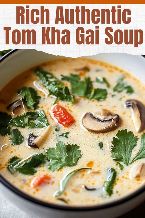 Rich and authentic, Tom Kha Gai is a classic Thai coconut chicken soup packed with layers of flavor. This luxurious soup combines creamy coconut milk, tender chicken, galangal, lemongrass, and fresh lime for a perfectly balanced taste that’s savory, tangy, and slightly spicy. Ideal for a comforting meal or as an elegant starter, it’s a true taste of Thailand. Sopas Light, Tom Kha Gai Soup, Coconut Chicken Soup, Soup Thai, Thai Coconut Chicken Soup, Thai Coconut Chicken, 40 Aprons, Gourmet Soup, Thai Coconut Soup