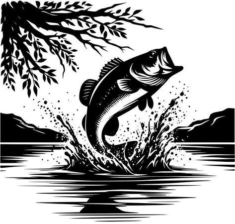 Bass Drawing Fish, Bass Jumping Out Of Water Drawing, Bass Stencil, Fishing Sillouhette, Bass Fish Silhouette, Row Boat Illustration, Bass Fishing Svg, Glass Etching Stencils, Gear Tattoo