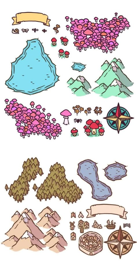 2D Fantasy map ideas and illustration for a medieval RPG game assets with lake, mountain, forest on mobile. #gamemap #gamemapillustration #rpg #ttrpg #gamemapideas #fantasymap #rpgmaps #worldbuilding #cartography #fantasymaps #mapassets #rpgmap #mapmaking #map Map Mountains Illustration, Game Art Assets, How To Make Dnd Maps, Fantasy Map Drawing Mountains, Dnd Packs Art, Character Map Template, How To Draw Forests On A Map, Fairytale Map Illustration, Things To Put On A Fantasy Map