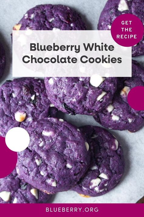 Whether you’re looking for a crowd-pleasing simple dessert or just need a quick fix for your sweet tooth, these Blueberry White Chocolate Cookies are about to be your new go-to. They’re soft in the middle, crispy on the edges, and filled with melt-in-your-mouth goodness. Frozen blueberries give these cookies a naturally gorgeous purple color, but that’s not all they do – they help make this cookie recipe vegan, subtly sweet, and filled with blueberry flavor. A total winner in our books! Blueberry White Chocolate Cookies, Blueberry Dessert Recipes, Blueberry White Chocolate, Dessert Original, Blueberry Cookies, Cake Mug, Blueberry Desserts, White Chocolate Cookies, Simple Dessert