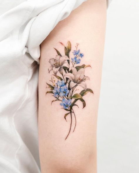 Delphinium Tattoo, Larkspur Flower Tattoos, Violet Flower Tattoos, Larkspur Tattoo, Flower Vine Tattoos, Realistic Flower Tattoo, Tattoo For Boyfriend, Lily Flower Tattoos, July Birth Flower