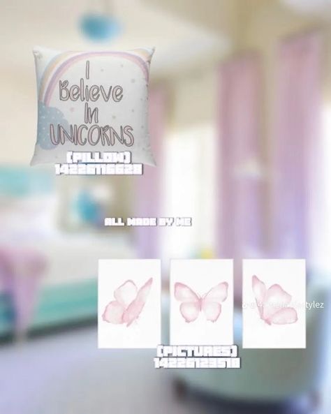 Bloxburg Unicorn Decal Codes, Unicorn Decals Bloxburg, Pillow Decal Codes, Bloxburg Kids Room Decal Codes, Rug Codes, Pink Kids Bedrooms, Boys Room Decals, Unicorn Decal, Bloxburg Bedroom