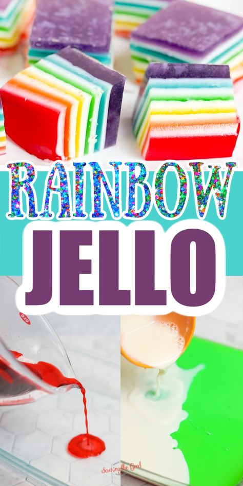 This Rainbow Jello recipe can be made into cubes or prepared as jello cups for a colorful 7 layer jello dessert. Fun as finger jello for kids parties or follow the variation to make rainbow jello shots for adults. 2 Layer Jello, Layered Jello Cups, 7 Layer Jello, Jello For Kids, Jello Layers, Layer Jello, Jello Squares, Rainbow Jello Recipe, Rainbow Jello Shots