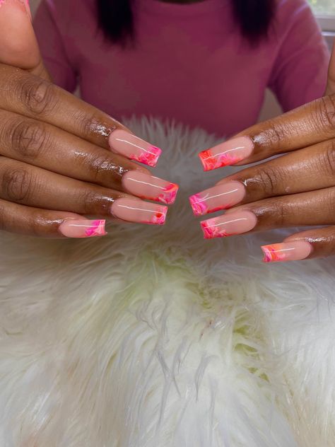 pink nails, orange nails, peach nails, marble nails, watercolor nails, ombre nails, gradient nails, trendy nails, neon nails, summer nails, nail inspo, spring nails, summer vibe nails, nail inspo 2023, square nails, long nails, gelx nails, fun nails, color pop nails, orange marble nails, pink marble nails, sunset nails, kylie jenner nails Pink And Yellow Marble Nails, Pink And Orange Ombre Nails Art Designs, Neon Pink Marble Nails, Sunset Marble Nails, Nail Inspo 2023 Square, Trendy Nails Neon, Pink And Peach Nails, Orange Square Nails, Peach Pink Nails