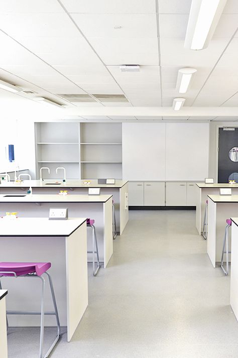 Science lab with teaching wall, laboratory benching and contrast purple KI stools. School Science Lab, Eton College, Science Labs, Design Installation, Science Lab, Case Study, Lab, Science, Purple