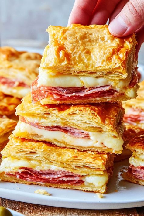 Antipasto Squares - Insanely Good Antipasto Cream Cheese Log, Antipasto Squares, Antipasto Platter Italian, Square Layers, Pizza Puffs, Crescent Roll Crust, Italian Antipasto, Italian Meats, Deli Meats