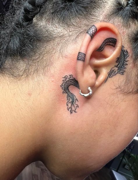 Dragon Ear Tattoo For Women, Ear Tattoo Dragon, Dragon Tattoo Behind The Ear, Small Behind The Ear Tattoo Ideas Men, Ear Dragon Tattoo, Behind The Ear Cover Up Tattoo, Under Ear Tattoo Men, Dragon Behind Ear Tattoo, Neck Dragon Tattoo