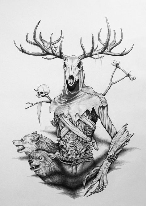 Leshen Witcher Art, Wendigo Tattoo Ideas, The Witcher Tattoo Design, Leshen Witcher Tattoo, Wizard Tattoo Ideas, Wendigo Tattoo Design, The Witcher Sketch, Witcher Tattoo Design, Leshy Tattoo