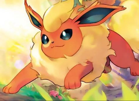 Flareon is a quadruped mammalian Pokémon. It has vivid flame-orange fur with a bushy yellow mane, a wide, fluffy flame-shaped long tail, and a tuft of yellow fur atop its head, in a fireball shape. It has a short catlike muzzle, wide black almond-shaped eyes, and a small black triangular nose. Its ears are long and rabbit-like, with flare-like tips. It has large, bulky paws with no visible claws. Its body is generally bulkier than most of the Eeveelutions. Flareon Fanart, Flareon Pokemon, Pokemon Flareon, Eevee Cute, Kitsune Fox, Pokemon Images, Pokemon Pictures, Pocket Monsters, Long Tail