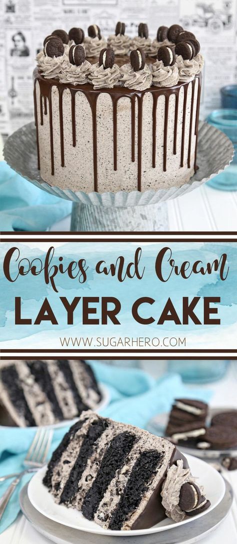 Cookies and Cream Cake - this epic cookies and cream layer cake will satisfy ALL of your chocolate cravings! It has rich devil's food cake plus buttercream with lots of cookie crumbs mixed right in. | From SugarHero.com #sugarhero #cookiesandcream #oreocake #layercake #chocolatecake Chocolate Cake With Cookies And Cream, Cookies And Cream Number Cake, Homemade Oreo Cookies Devils Food Cake, Cookies And Cream Mousse Filling, Chocolate Cake With Oreo Filling, Hersheys Cookies And Cream Cake, Chocolate Cookies And Cream Cake, Cookies And Cream Cake With Box Cake, Cookies And Cream Cake Filling