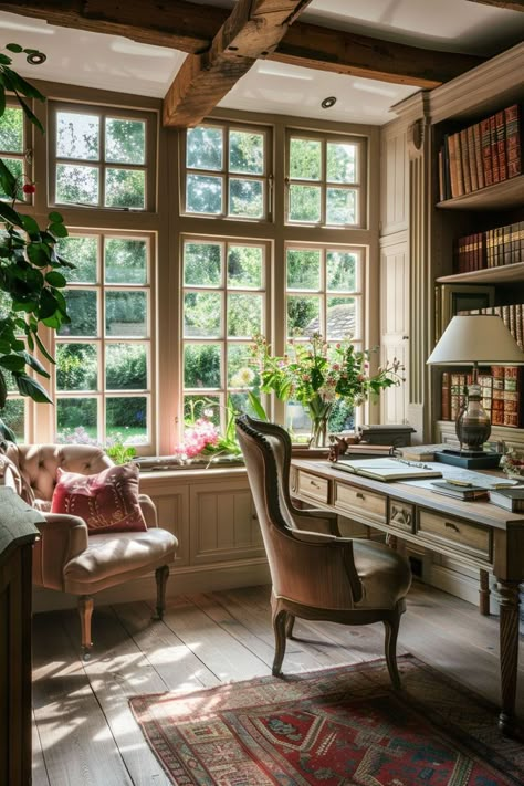 Cozy Country Cottage Study with Vintage Desk and Floral Arrangement Cottage Study, English Countryside Home, Modern English Country, English Cottage Interiors, British Cottage, Modern Bureau, Countryside Home, Comfy Armchair, Perfect English