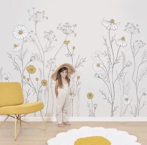 Watercolor Mural, Wall Drawings, Field Wallpaper, Wall Painting Decor, Wall Paint, Nursery Wall, Flower Wallpaper, Daisy Flower, Girl Room