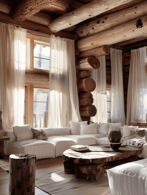 Rustic Log Cabin Living Room: Flooded with Natural Light and Sheer Curtains Log House Window Treatments, Chic Log Cabin Interior, Luxury Log Cabin Interior, Rustic Cabin Aesthetic, Log Cabin Flooring Ideas, Wood Style Living Room, Log Cabin Homes Interior Modern, Log Cabin Homes Interior Decor, Modern Log Home Interiors