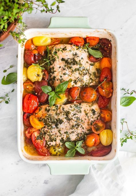 Herb Baked Salmon with Cherry Tomatoes - NattWrobel Salmon Tomato Recipe, Salmon Cherry Tomato Pasta, Baked Salmon With Cherry Tomatoes, Salmon Cherry Tomatoes, Summer Salmon Recipe, Cod Fish With Cherry Tomatoes, Baked Halibut With Roasted Cherry Tomatoes, Oven Baked Cod, Salmon Recipes Oven