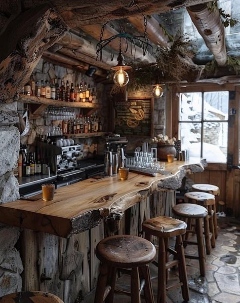 Forest Bar, Butcher Block Countertops Kitchen, Rustic Basement Bar, Mountain Dream Homes, Western Interior, Rustic Basement, Man Cave Room, Old Bar, Rustic Bar