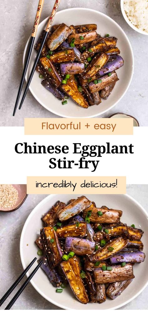 This Chinese eggplant stir-fry features juicy pan-fried eggplant cooked in a flavorful and rich sauce. A simple meatless side dish that is easy to prepare and ready in 30 minutes. Even veggie haters will love this dish! Pan Fried Eggplant, Ways To Cook Eggplant, Eggplant Stir Fry, Chinese Eggplant, Cooking Eggplant, Asian Noodle Dishes, Fried Eggplant, Plant Based Recipes Dinner, Chinese Cooking Wine