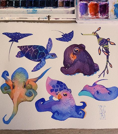 Ocean Creatures Art, Sea Creatures Art, Ocean Collection, Gouache Art, For Stickers, Creature Drawings, Arte Sketchbook, Arte Inspo, Fish Art