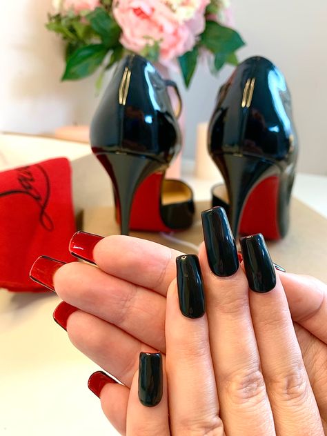 Black Nails With Red Bottoms, Nails Black And Red, Red Nail Set, Red Bottom Nails, Black Nails Short, Designer Nails, Wine Nails, Matte Black Nails, Broken Nails