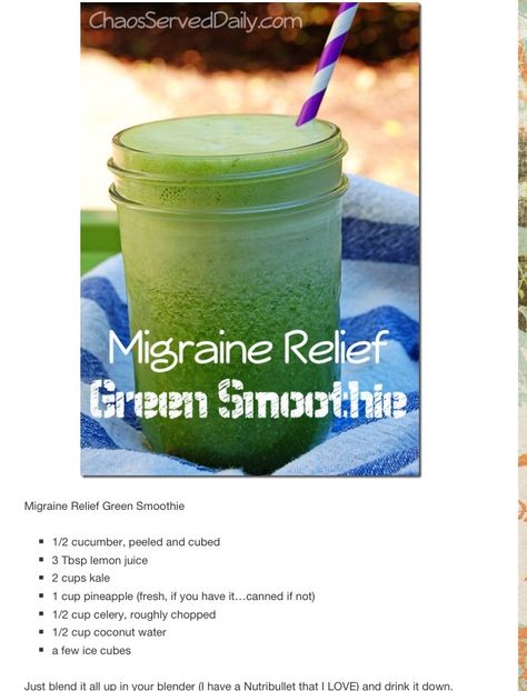 Migraine Relief Green Smoothie Migraine Smoothie, Natural Add Remedies, Sickness Remedies, Migraine Help, Migraine Relief, Green Smoothies, Headache Relief, Natural Therapy, Bad Luck