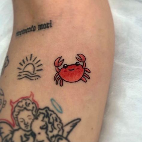 🦀 #tattoo #icon #crab #cutetattoo #crabtattoo #tattooideas Crab Flash Tattoo, Cartoon Crab Tattoo, Crab Tattoo For Women, Angel Tattoo For Women, Raccoon Tattoo, Crab Tattoo, Sailor Tattoo, Traditional Style Tattoo, Angel Tattoo