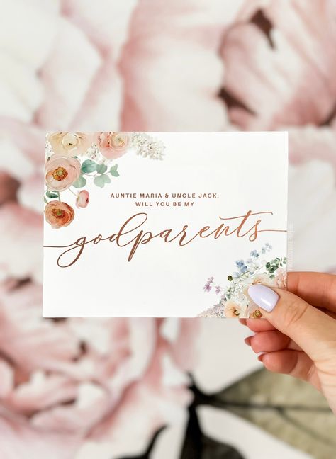 Floral will you be my Godparents card, Godparents proposal card, be my Godparents, Godparents proposal, will you be my Godparents. Godparent Baby Letters, Colored Envelopes, God Parents, Wedding Basket, Personal Message, All Design, Color Choices, Paper Greeting Cards, Card Stock