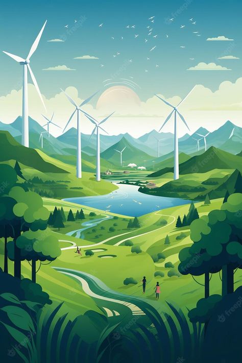 Premium AI Image | a poster for a wind farm with a road leading to the mountains Nature Poster Design, Agriculture Poster, Green Energy Design, Go Green Posters, Renewable Energy Design, Electricity Poster, World Environment Day Posters, Pencemaran Udara, Environment Poster