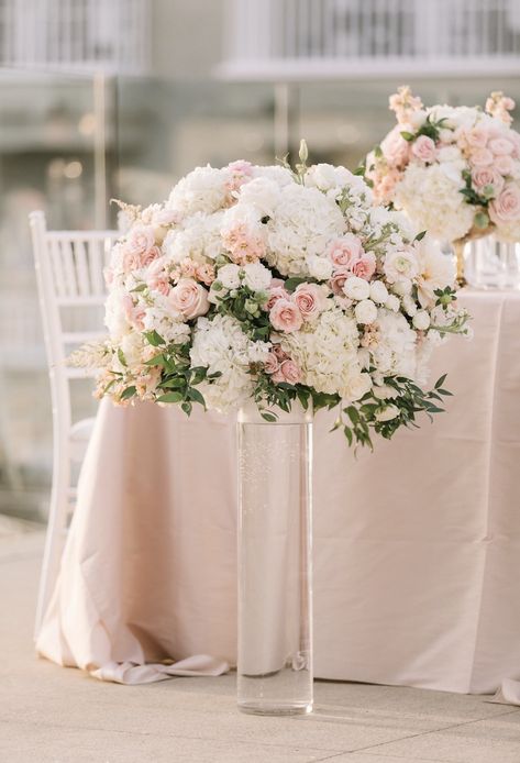 White And Blush Floral Centerpieces, Light Pink And White Flower Arrangements, Pink Flower Centerpieces, Blush Centerpiece, Pink Wedding Centerpieces, Tall Centerpiece, Pink Centerpieces, White Flower Arrangements, Pink And White Weddings