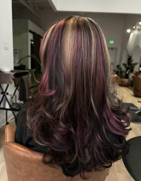 Call Hair Colors For Brunettes, Dark Hair With Dark Purple Highlights, Brown Hair Colors With Highlights Curly, Natural Color Hair Ideas, Type Of Hair Dye Styles, Maroon Hair With Pink Highlights, Whimsigoth Hair Dye, Brown Hair Color Ideas For Fall, How To Dye Skunk Stripe