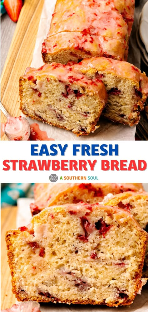 Fresh Strawberry Bread is a delectably moist and simple quick bread that’s incredibly easy to make and stunningly delicious! Fresh, sweet strawberries and rich vanilla are mixed into a quick batter, making this a great option for brunch, an afternoon snack, or dessert. Strawberry Loaf Cake Easy, Easy Loaves Recipes, Easy Desserts With Strawberries Simple, Fresh Strawberry Bread Recipe, Berry Quick Bread, Fresh Fruit Muffins, Strawberry Mini Loaves, Strawberry Bread Recipe Cake Mixes, Cake Mix Strawberry Muffins