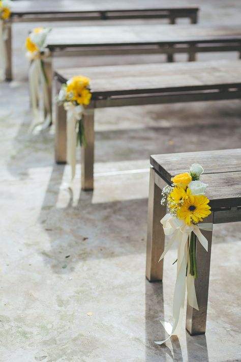 Bench Flowers Wedding, Wedding Aisle With Benches, Bench Decorations Wedding, Bench Isle Decorations Wedding, End Of Bench Decor Wedding, Wood Bench Wedding, Bench Ceremony Seating, Wedding Aisle Flower Decorations, Bench Aisle Decorations Wedding