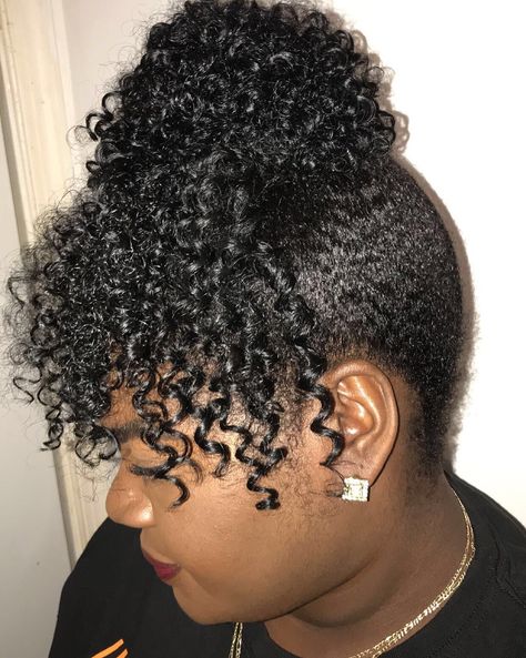 Natural hair - Curly hair faux bun  IG: Cosmogee Natural Curly Bun Black Women, High Bun Curly Hair Natural Curls, Messy Bun Afro Hair, Top Knot Bun With Bangs Natural Hair, Space Buns Coily Hair, Afro Hair Bun, Faux Bun, Curly Bun, Curly Weave Hairstyles