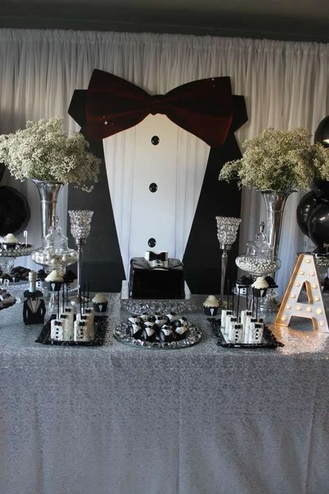 Black and white tuxedo birthday party! See more party planning ideas at CatchMyParty.com! 50th Birthday Party Ideas For Men, James Bond Party, Mens Birthday Party, Man Party, Adult Birthday Party, 60th Birthday Party, 40th Birthday Parties, 50th Birthday Party, Man Birthday