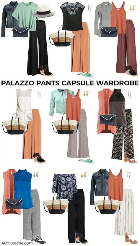 Palazzo Pants Style, How To Pair Palazzo Pants, Winter Palazzo Pants Outfit, Styling Palazzo Pants Outfit, How To Wear Palazzo Pants Outfits Casual, Black Pants Outfit Spring, Black Palazzo Outfit, Pallazo Pants Outfit Ideas, Pallazo Outfit Palazzo