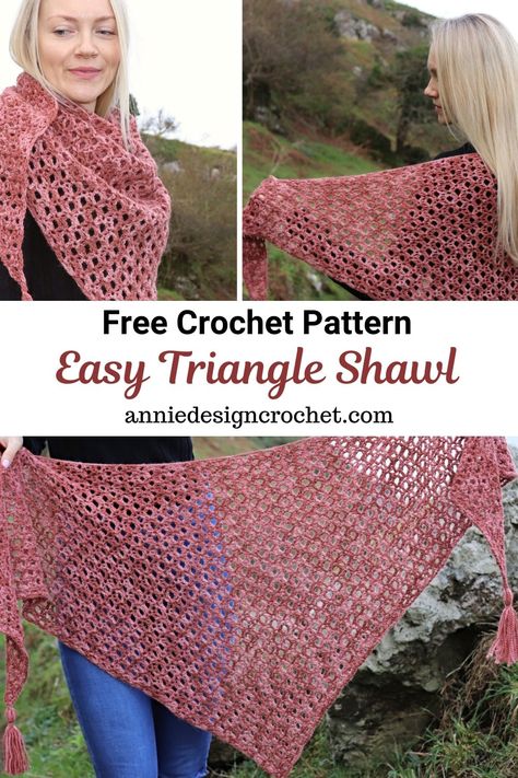 Free crochet pattern for an easy triangle shawl. Quick pattern using light weight yarn, simple repeat pattern that is relaxing to make. 500m of DK yarn will make this cosy shawl. You can also use any weight yarn in your stash, just use the hook size that suits your tension. The pattern is very versatile and suitable for a beginner. Only basic stitches are used in this pattern. #crochetshawl #crochettriangleshawl #easycrochetshawl Crochet Triangle Shawl, Crochet Triangle Shawl Pattern, Crochet Prayer Shawls, Crocheted Shawls, Crochet Shawl Free, Awesome Crochet, شال كروشيه, Crochet Shawl Pattern, Crochet Shawl Pattern Free