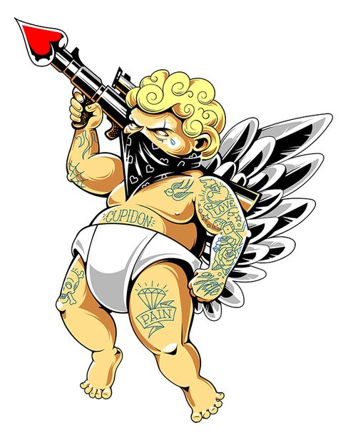 Tattooed Cupid on Behance Aggressive Love, Arte Trash Polka, Traditional Chicano Tattoos, Chicano Tattoos Lettering, Art Chicano, Cupid Tattoo, Cherub Tattoo, Chicano Tattoos, Cartoon Character Tattoos