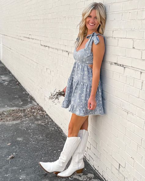 NEW 🤍 Shop our Love Story Dress online today! Western Outfits Dress, Western Photoshoot Outfits, Love Story Dress, Dresses To Wear With Cowboy Boots, Senior Pictures Dresses, Senior Photoshoot Poses, Bow Straps, Our Love Story, Ruffled Mini Dress