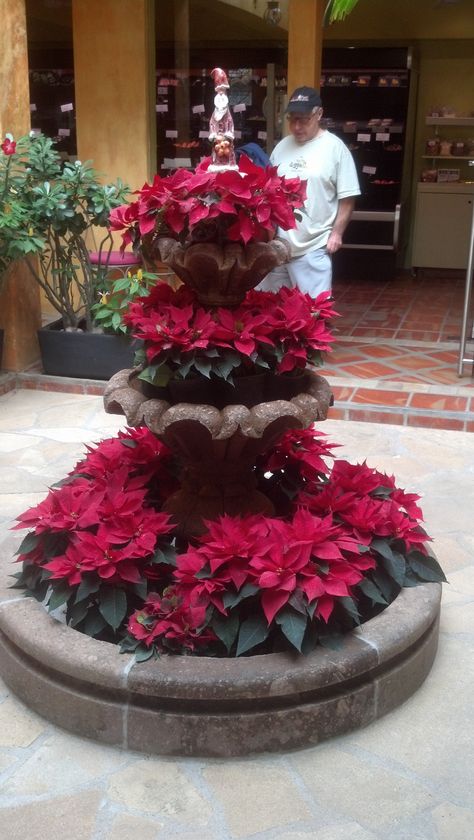 Great waterless use of a fountain Christmas Fountain Decorations, Christmas Chocolate Fountain, Fountain Christmas Decorations, Christmas Fountain, Christmas Tree Toppers Ideas, Tree Toppers Ideas, Pencil Christmas Tree Ideas, Rustic Christmas Tree Decor, Fountain Floral Installation