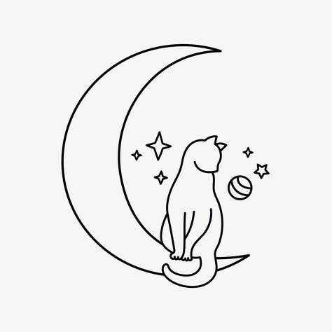 Doodle Simple, Moon With Stars, Sitting On The Moon, Cat Tattoo Simple, Cat Drawing Tutorial, Cats Art Drawing, Simple Drawings, Moon Cat, Cat Doodle