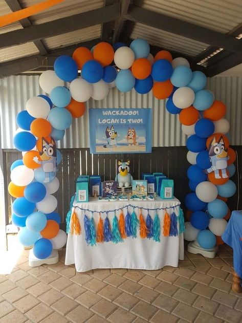 Abc Kids Bluey Party Blurt Themed Birthday, Bluey Themed Birthday Treats, Bluey Birthday Party For Siblings, Bluey Cake Table Ideas, Bluey 2nd Birthday Party Decorations, Bluey Birthday Party Decoration Ideas, Blurt Birthday Party, Bluey Birthday For Boys, First Birthday Bluey Theme