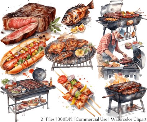 Grilling Art, Birthday Party Clipart, Outdoor Barbecue, Party Clipart, Backyard Cookout, Fathers Day Crafts, Outdoor Grill, Watercolor Artwork, Scrapbooking Projects