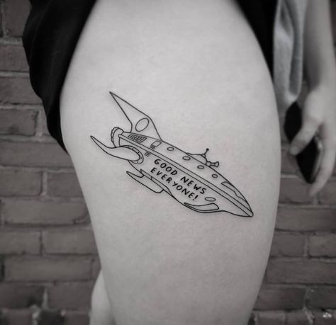 Futurama Ship Tattoo, Futurama Tattoo Simple, Futurama Flash Tattoo, Planet Express Tattoo, Futurama Tattoo Ideas, Robot Tattoos, Red Hair Tattoos, Futurama Tattoo, Space Sleeve