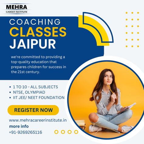 With a curriculum that's designed to inspire and challenge young minds, we're committed to providing a top-quality education that prepares children for success in the 21st century. For FREE Consultation! Call at +91-9269265116 Email: mehracareerinstitute@gmail.com #education #classes #institute #coaching #jaipur #IIT #NEET #AIEEE #JEE #tutors #teachers #students #admission #Open #foryou #session #instagood #instaeducation #rajasthan Coaching Classes Advertisement, Class Poster Design, Tuition Classes, College Job, Class Poster, Coaching Classes, Classy Quotes, Admission Open, Quality Education