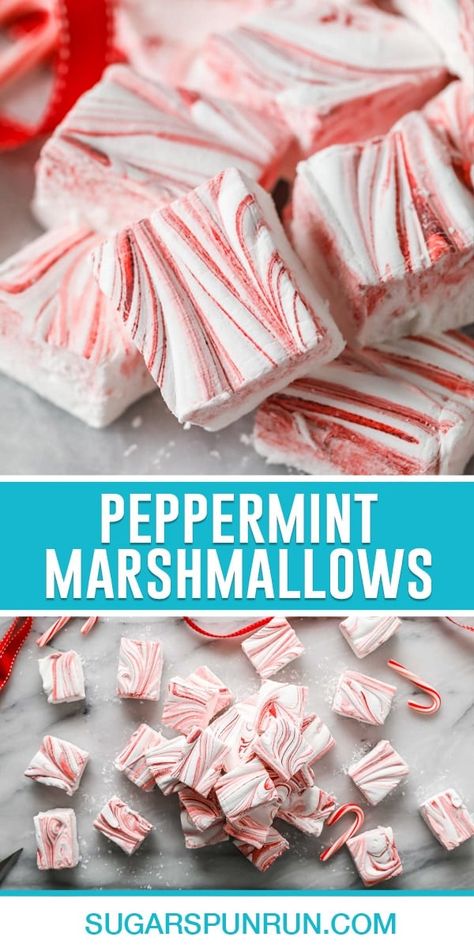 Homemade Peppermint Marshmallows - Sugar Spun Run Candy Cane Marshmallows, Marshmallows Recipes, Christmas Marshmallows, Peppermint Desserts, Marshmallow Recipes, Holiday Potluck, Marshmallow Fudge, Peppermint Marshmallows, Shugary Sweets