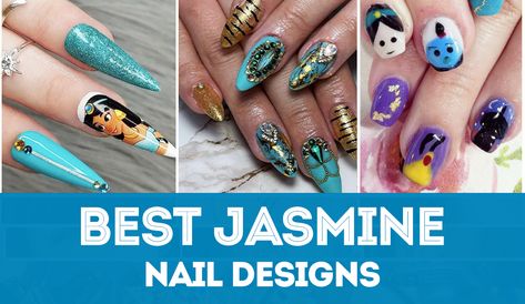 Princess Jasmine nails!! Get inspired to make true Jasmine nail art with these magical designs. Jasmine Inspired Nails, Princess Jasmine Nails, Aladdin Nails, Princess Jasmine Art, Jasmine Nails, Mickey Mouse Nails, Minnie Mouse Nails, Disney Nails, Princess Jasmine