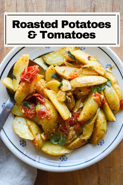 This Roasted Potatoes and Tomatoes recipe is such a good side dish to have in your repertoire. It's sliced potatoes baked with jammy roasted tomatoes, garlic, fresh thyme, and plenty of onions until everything is soft and the flavors have infused together. Topped with some fresh oregano for freshness. It's inspired by my trip to Puglia this summer for my honeymoon – I had a dish similar and was determined to remake it. Potato Tomato Recipe, Tomato Side Dishes, Potatoes And Tomatoes, Potatoes Baked, Tomatoes Recipe, Southern Recipes Soul Food, Sausage Potatoes, Baked Tomatoes, Potato Recipes Side Dishes