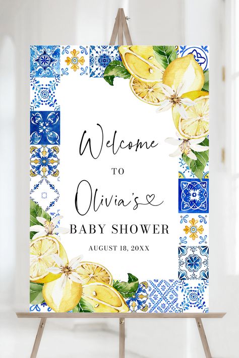 Blue Tiles Lemon Baby Shower Welcome Sign Template, Editable Italian Lemon Amalfi Coast Mediterranean Positano Baby Shower Welcome Poster M5 Italian Baby Showers, Italian Bridal Showers, Couple Wedding Shower, Baby Shower Yellow, Spring Bridal Shower, Summer Bridal Showers, Summer Baby Shower, Blue Tile, Bridal Shower Welcome Sign