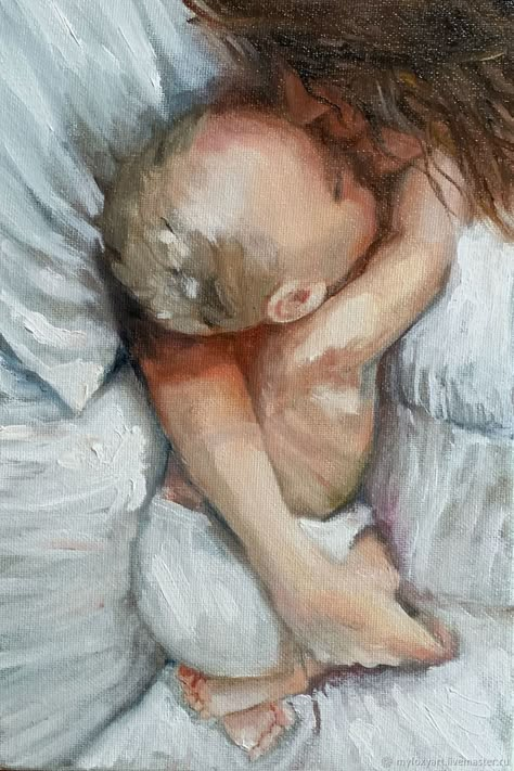 Mother Oil Painting, Baby Head Drawing, Motherly Aesthetic, Angel Baby Painting, Painting With Baby, Birth Aesthetic, Mom And Baby Painting, Family Acrylic Painting, Mother And Child Illustration