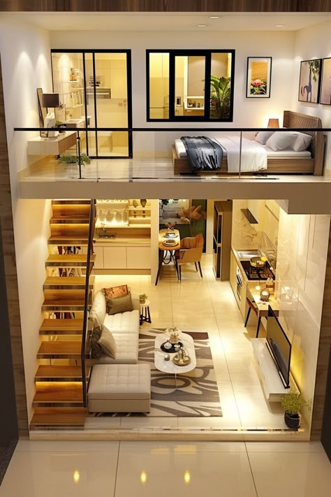 A cozy and stylish one-bedroom apartment with everything you need for a comfortable home. Perfect for a single person or couple.  #apartment #interiordesign #homedecor #onebedroom#InteriorDesignTrends #2023Trends #HomeDecorInspo #FutureDesigns #InteriorInspiration #TrendForecasting #DesignGoals #HomeRenovationIdeas #ModernInteriors #InteriorDesignInspiration Tiny Loft House, Small Loft Apartments, 1 Bed Apartment, Tiny Loft, Small House Bedroom, Loft House Design, Loft Apartments, Tiny House Interior Design, Tiny House Loft